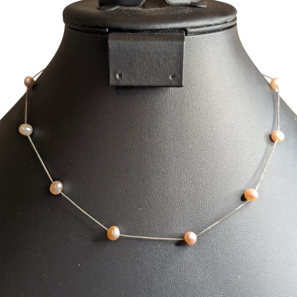 Vintage 925 Sterling Silver Floating Genuine Pearl 17.5" Necklace